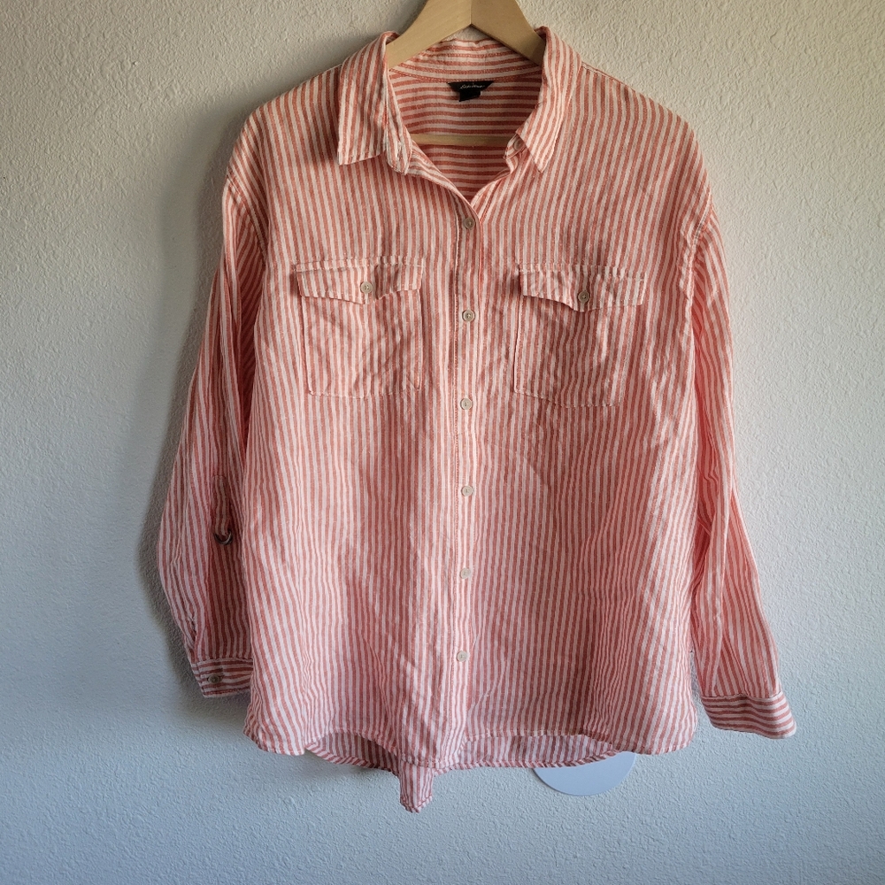 Eddie Bauer Coral Cream Striped Linen Button Down Top Womens Size XL